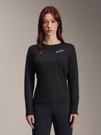 Alpinestars Stella A-Dura Thermal Jersey, maillot de VTT à manches longues pour femme, noir avec logo étoile blanc sur la poitrine, tissu isolant léger pour le cyclisme par temps froid, conçu pour la superposition et le confort sur sentier