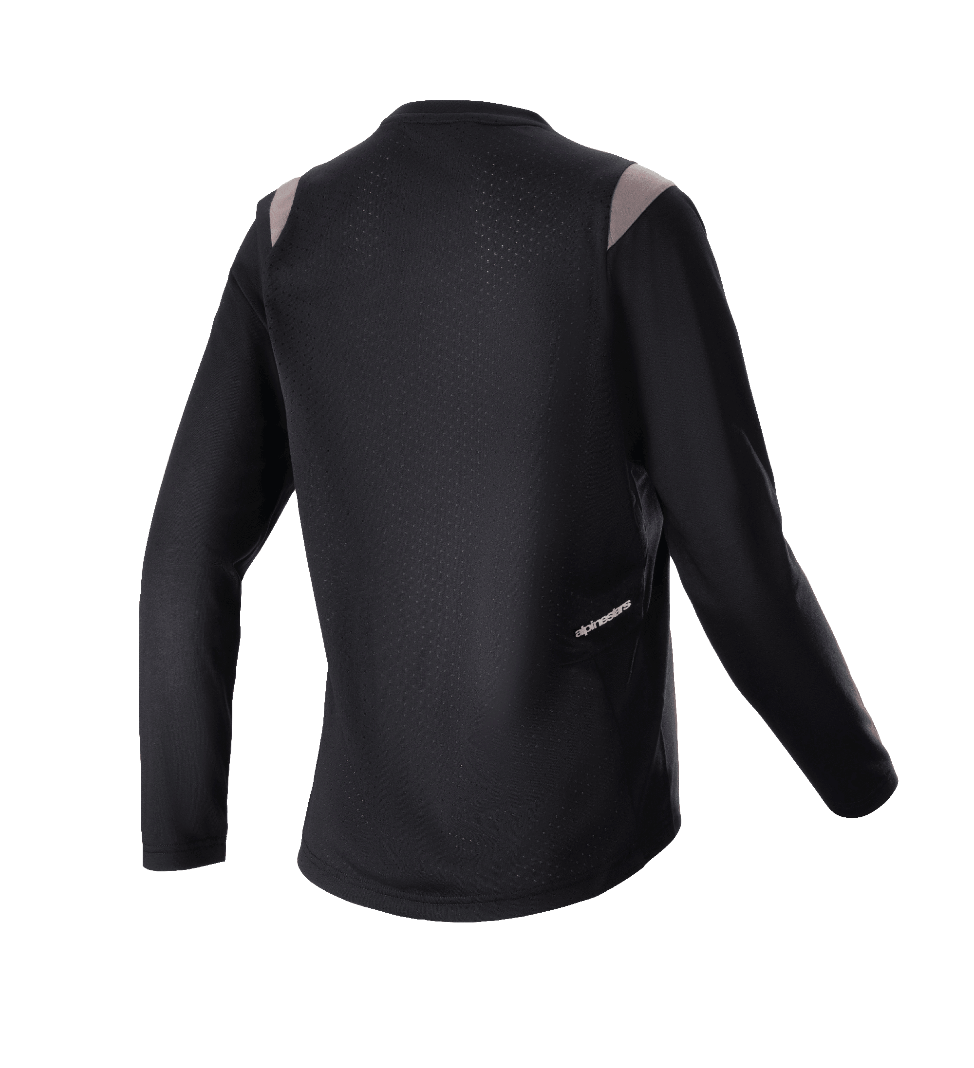 Alpinestars Women Stella Alps Escape Long Sleeve Jersey, Black with grey shoulder accents, rear view showing perforated mesh back panel for ventilation and small Alpinestars logo, mountain bike cycling gear