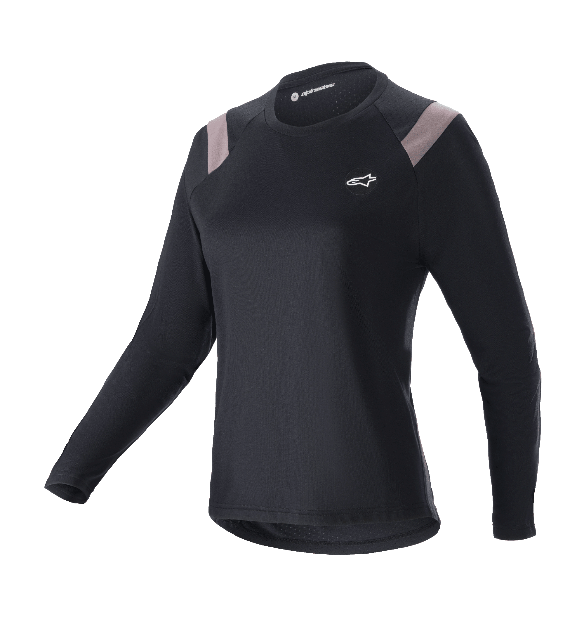 Alpinestars Stella Alps Escape Jersey, maillot de VTT à manches longues pour femme, noir avec empiècements gris clair sur les épaules, col rond, petit logo blanc sur la poitrine, coupe athlétique performante