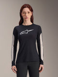 Alpinestars Stella A-Dura Dri Astar, maillot de VTT à manches longues pour femme, noir avec logo blanc et panneaux en maille gris clair sur les manches, vêtement de cyclisme performant pour femme