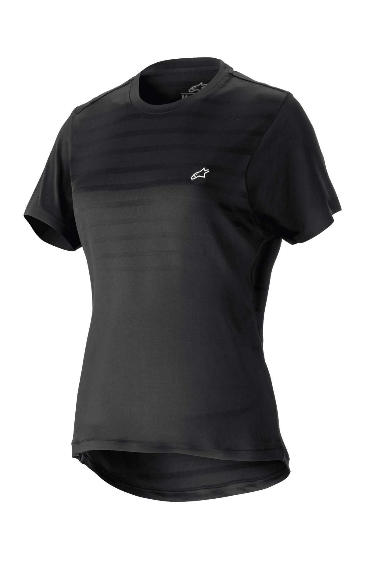 Alpinestars Stella Alps Constellation Jersey pour femme, maillot de VTT à manches courtes, noir avec de subtiles rayures horizontales sur la poitrine, petit logo blanc, col rond, dos rallongé pour plus de protection, tissu léger et respirant pour le VTT