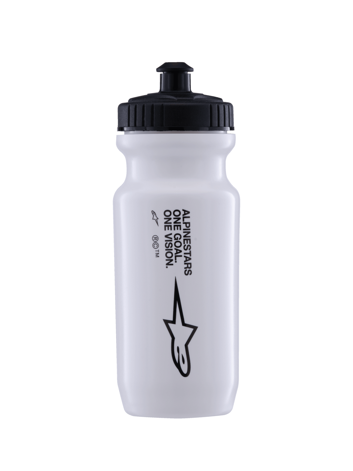 Alpinestars Bidon Ogov 20 oz, blanc avec bouchon noir, arborant le texte « ONE GOAL. ONE VISION. » et le logo Alpinestars, valve push-pull, design cylindrique compressible pour l'hydratation cycliste