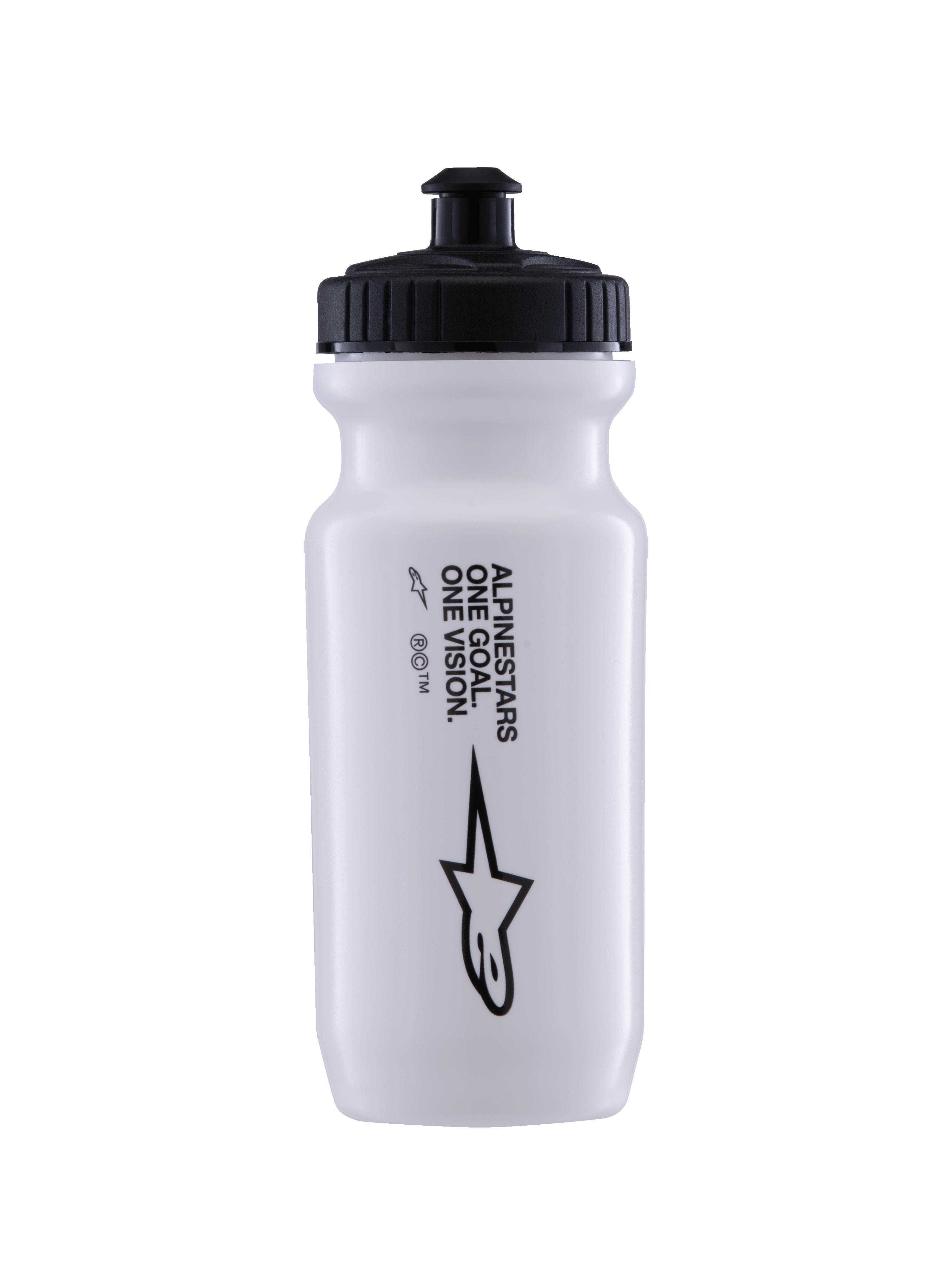 Alpinestars Bidon Ogov 20 oz, blanc avec bouchon noir, arborant le texte « ONE GOAL. ONE VISION. » et le logo Alpinestars, valve push-pull, design cylindrique compressible pour l'hydratation cycliste