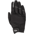Gants Alpinestars Atom, gants de moto noirs, avec panneaux en mesh pour la respirabilité, construction en tissu extensible, protection rembourrée des articulations et sangle de poignet auto-agrippante avec logo étoile blanc