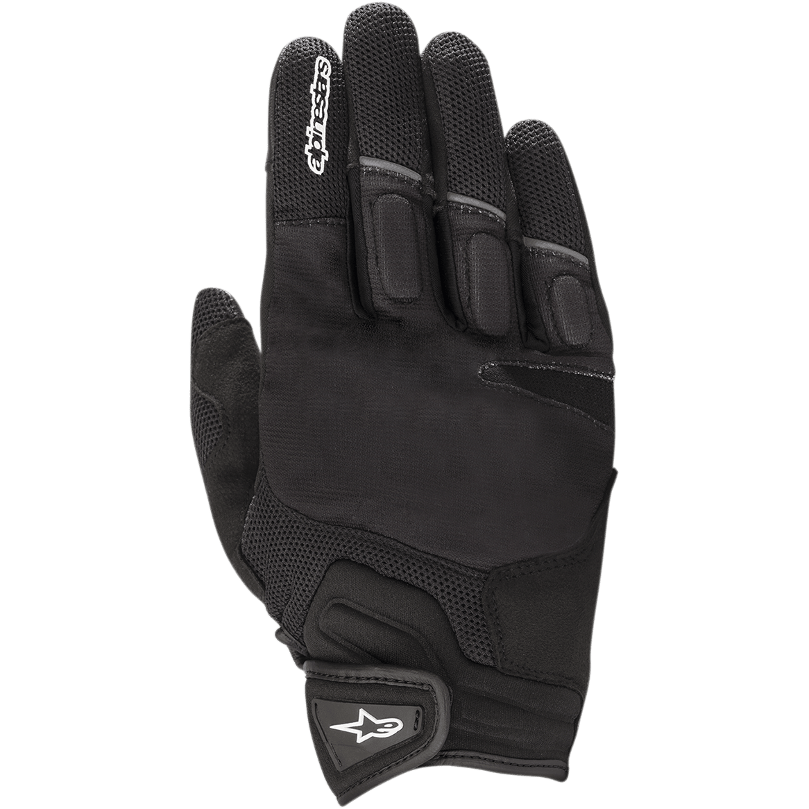 Gants Alpinestars Atom, gants de moto noirs, avec panneaux en mesh pour la respirabilité, construction en tissu extensible, protection rembourrée des articulations et sangle de poignet auto-agrippante avec logo étoile blanc