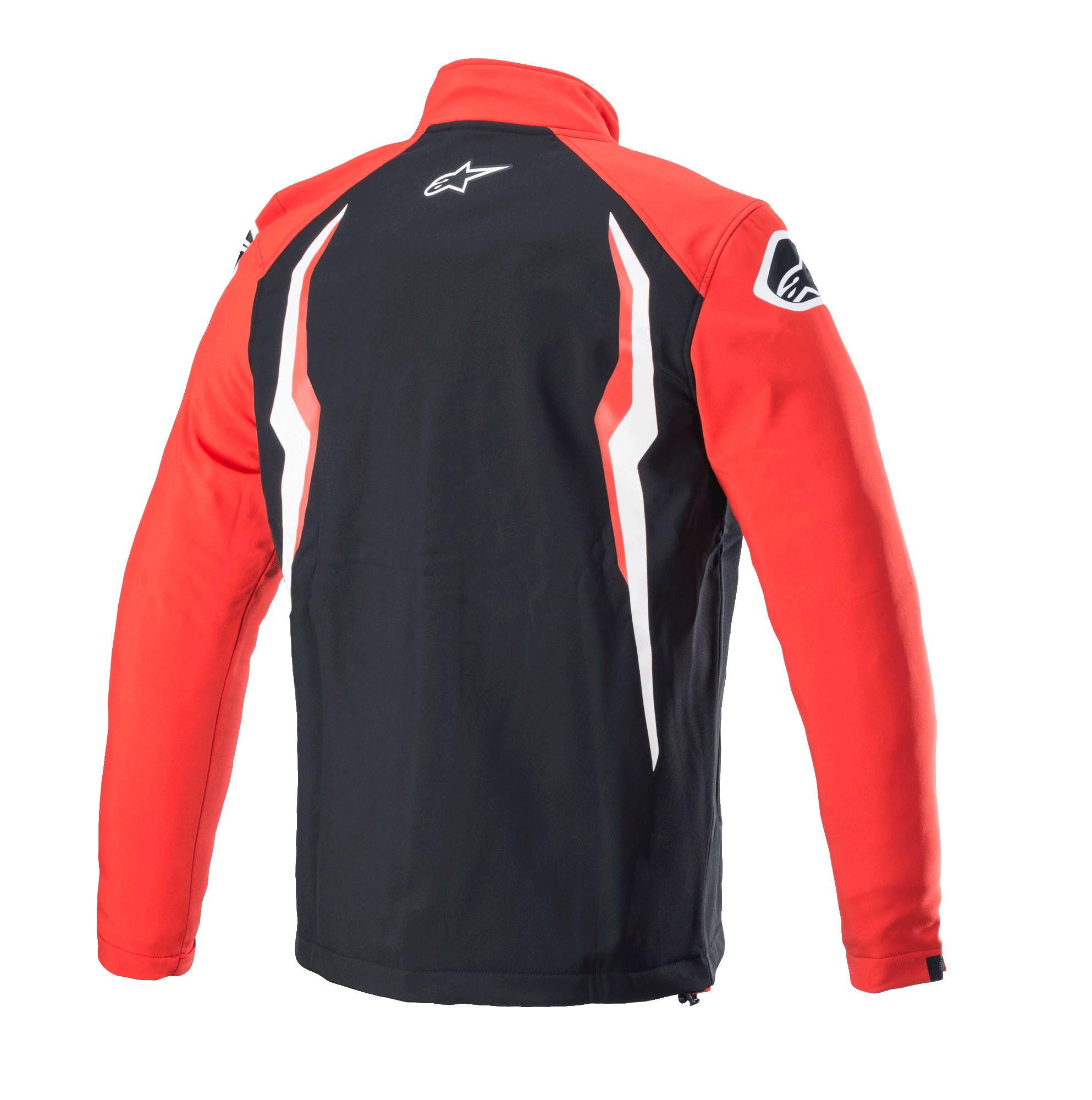 Alpinestars Honda Softshell Jacket, Red and Black, back view with black central panel and red sleeves, featuring white and red contrast graphics, Alpinestars logo on the neck and shoulder, sporty motorsport-inspired softshell design