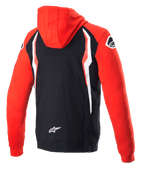 Sweat à capuche zippé Alpinestars Honda, rouge et noir, vue de dos, polaire co-brandée avec capuche et manches rouges, dos noir avec empiècements contrastés blancs et rouges, logo étoile Alpinestars en bas du dos, streetwear décontracté inspiré du sport automobile