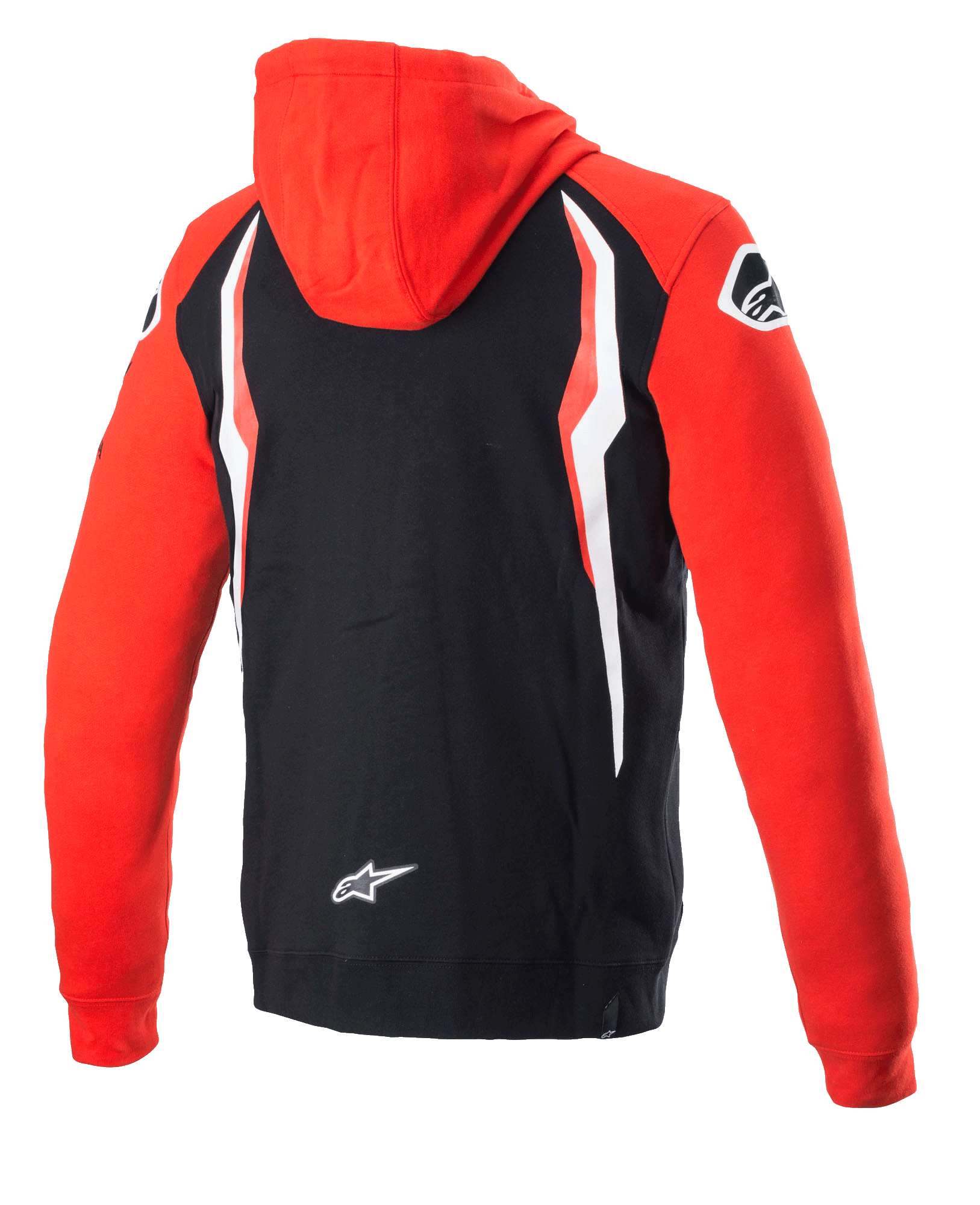 Sweat à capuche zippé Alpinestars Honda, rouge et noir, vue de dos, polaire co-brandée avec capuche et manches rouges, dos noir avec empiècements contrastés blancs et rouges, logo étoile Alpinestars en bas du dos, streetwear décontracté inspiré du sport automobile