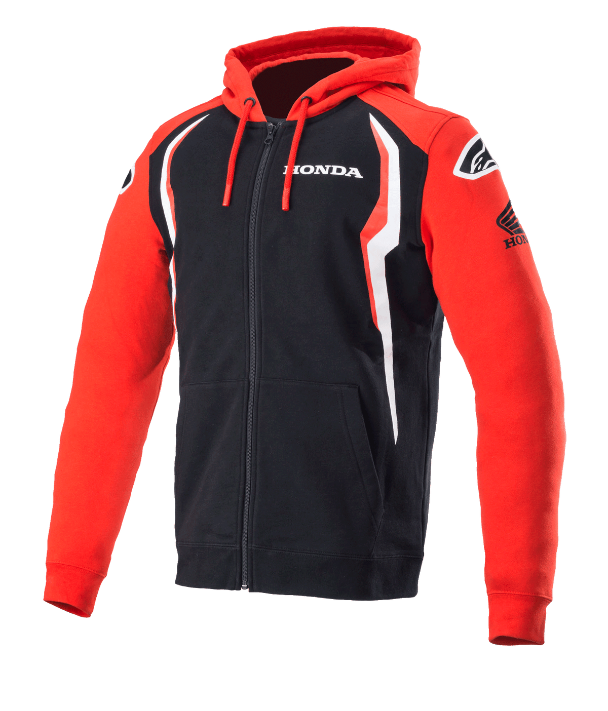 Alpinestars Honda Zip Hoodie, Full-Zip Hooded Sweatshirt, Red and Black with white accents, Honda branding on chest and sleeve, Alpinestars logos on shoulders, drawstring hood, casual motorsport apparel
