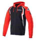 Alpinestars Honda Zip Hoodie, sweat à capuche zippé, rouge et noir avec des accents blancs, logo Honda sur la poitrine et la manche, logos Alpinestars sur les épaules, capuche avec cordon de serrage, vêtement de sport automobile décontracté
