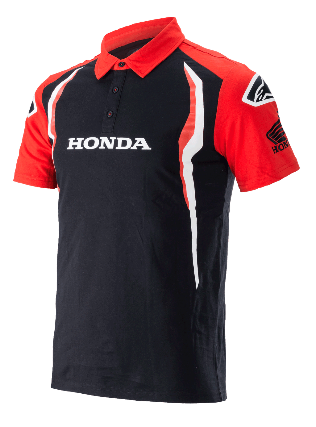Polo Honda Alpinestars, polo à manches courtes, noir et rouge, patte à trois boutons, logo Honda blanc sur la poitrine, logo Honda Wing sur la manche, accents verticaux blancs et rouges sur les côtés