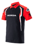 Polo Honda Alpinestars, polo à manches courtes, noir et rouge, patte à trois boutons, logo Honda blanc sur la poitrine, logo Honda Wing sur la manche, accents verticaux blancs et rouges sur les côtés
