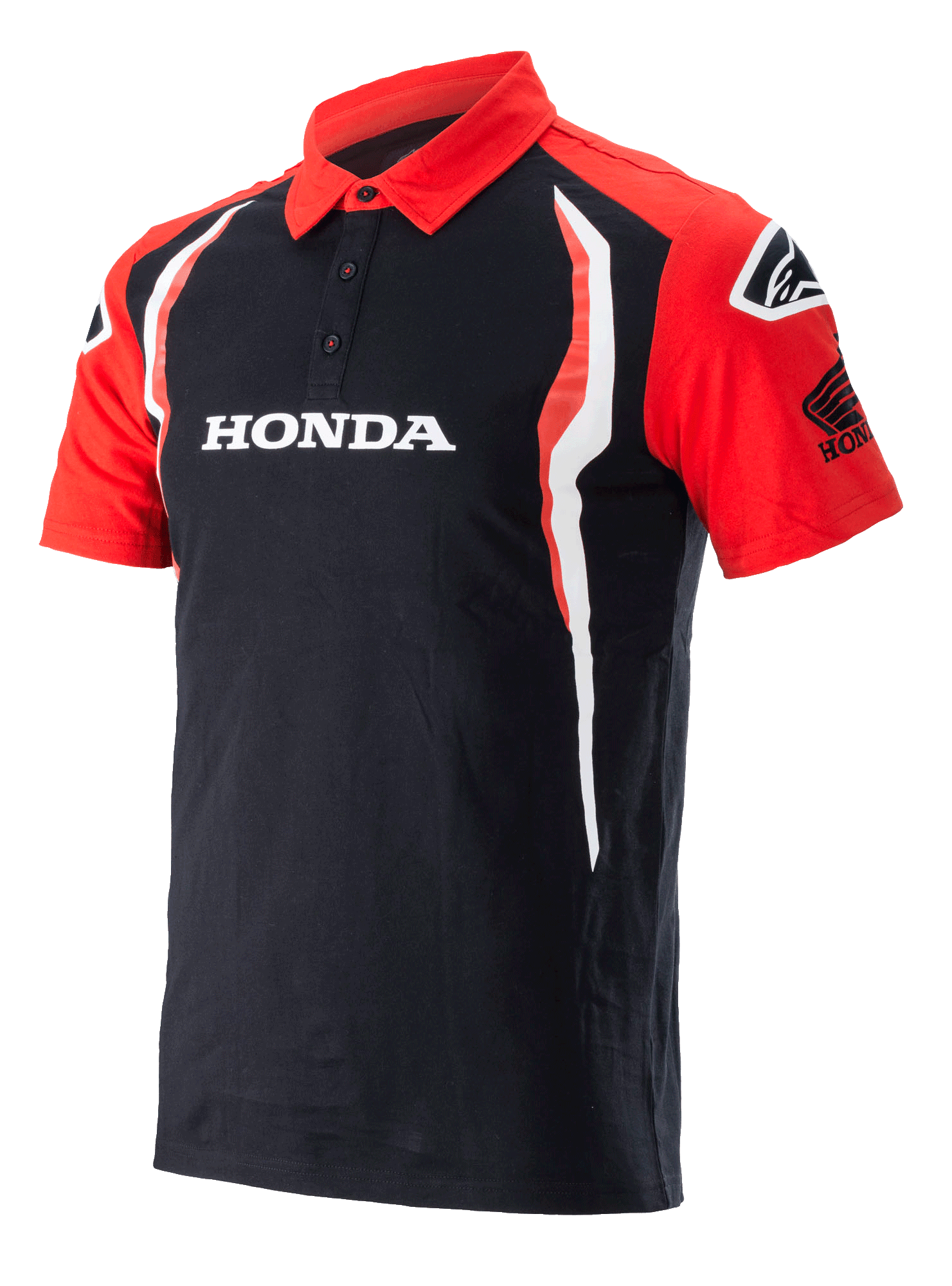 Polo Honda Alpinestars, polo à manches courtes, noir et rouge, patte à trois boutons, logo Honda blanc sur la poitrine, logo Honda Wing sur la manche, accents verticaux blancs et rouges sur les côtés