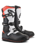 Bottes Alpinestars Tech-T, bottes de moto de trial, noir, blanc et rouge fluo, dotées d'un système de fermeture à triple boucle, d'une plaque protège-tibia ergonomique, d'une protection d'orteils texturée et d'une semelle à crampons à profil bas, design technique de chaussures tout-terrain