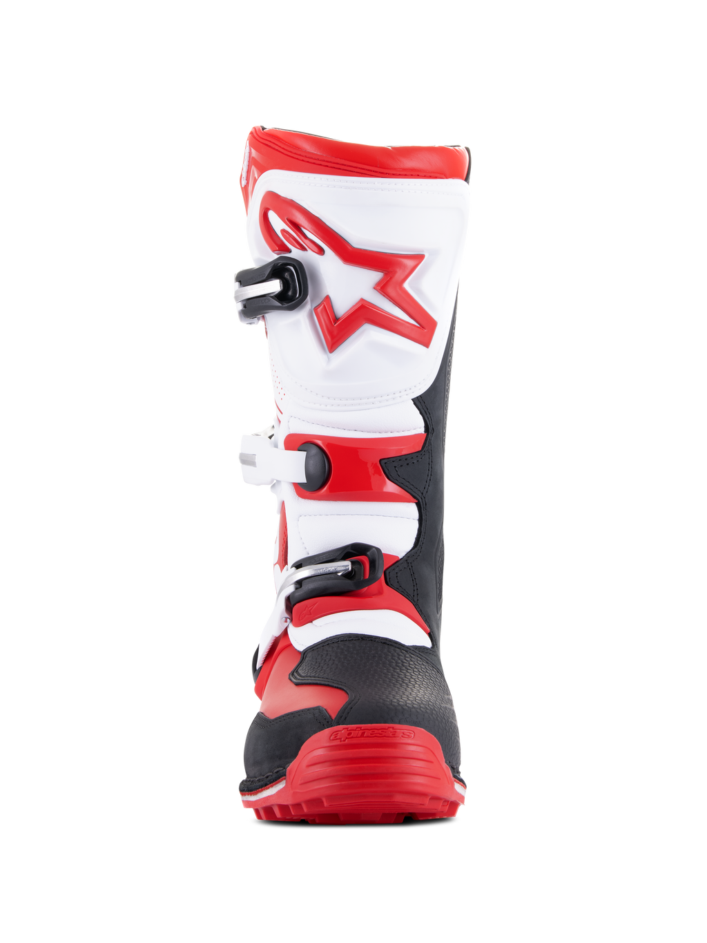 Bottes Alpinestars Tech-T, bottes de moto de trial, rouge vif, noir et blanc, vue de face avec plaque protège-tibia ergonomique blanche et logo étoile rouge, système de fermeture à trois boucles et zone des orteils robuste noire et rouge, conçues pour la pratique du trial tout-terrain