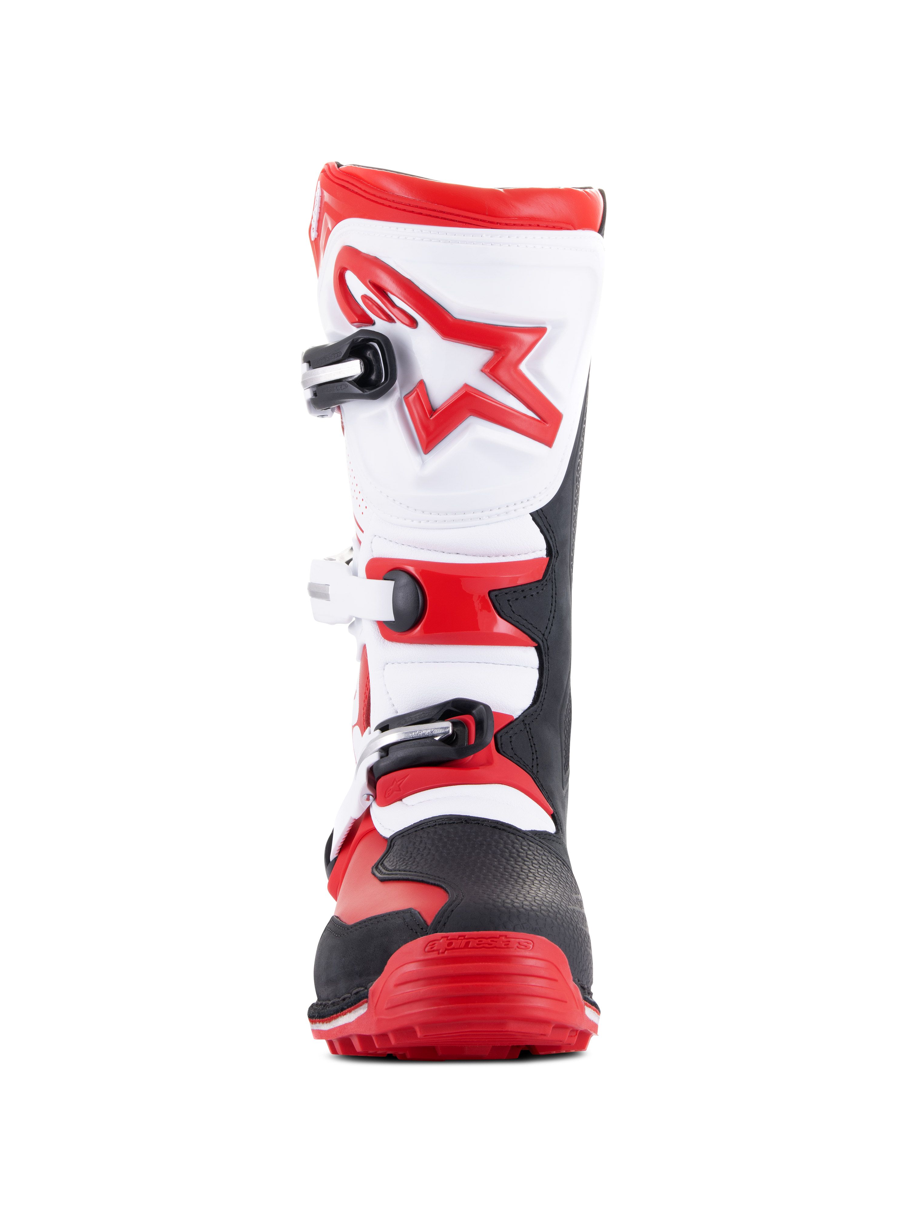 Bottes Alpinestars Tech-T, bottes de moto de trial, rouge vif, noir et blanc, vue de face avec plaque protège-tibia ergonomique blanche et logo étoile rouge, système de fermeture à trois boucles et zone des orteils robuste noire et rouge, conçues pour la pratique du trial tout-terrain