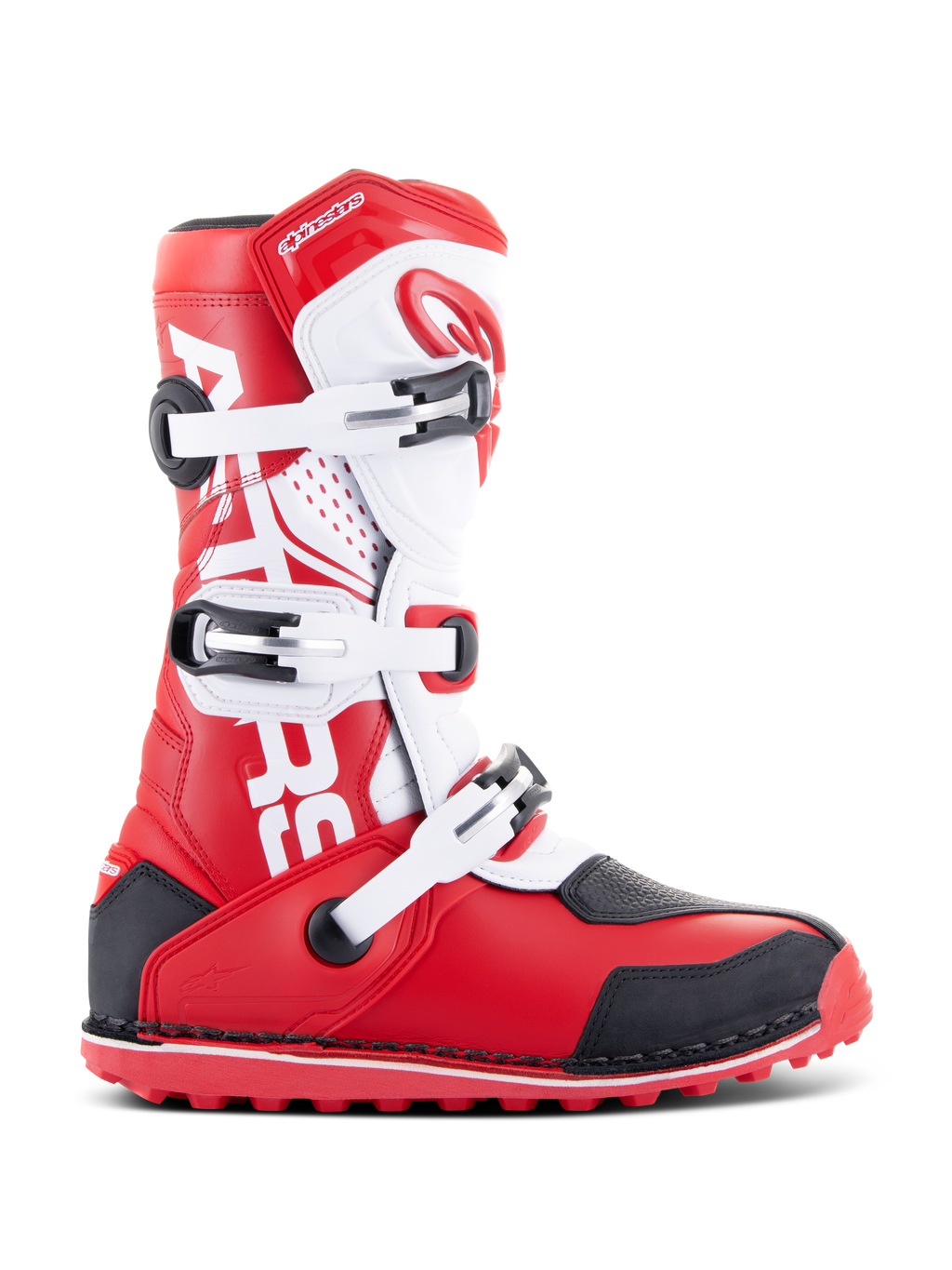 Bottes Alpinestars Tech-T, bottes de trial moto, rouge vif, noir et blanc, dotées de trois boucles ajustables, d'un protège-tibia ergonomique et d'une semelle texturée rouge pour la performance en trial tout-terrain