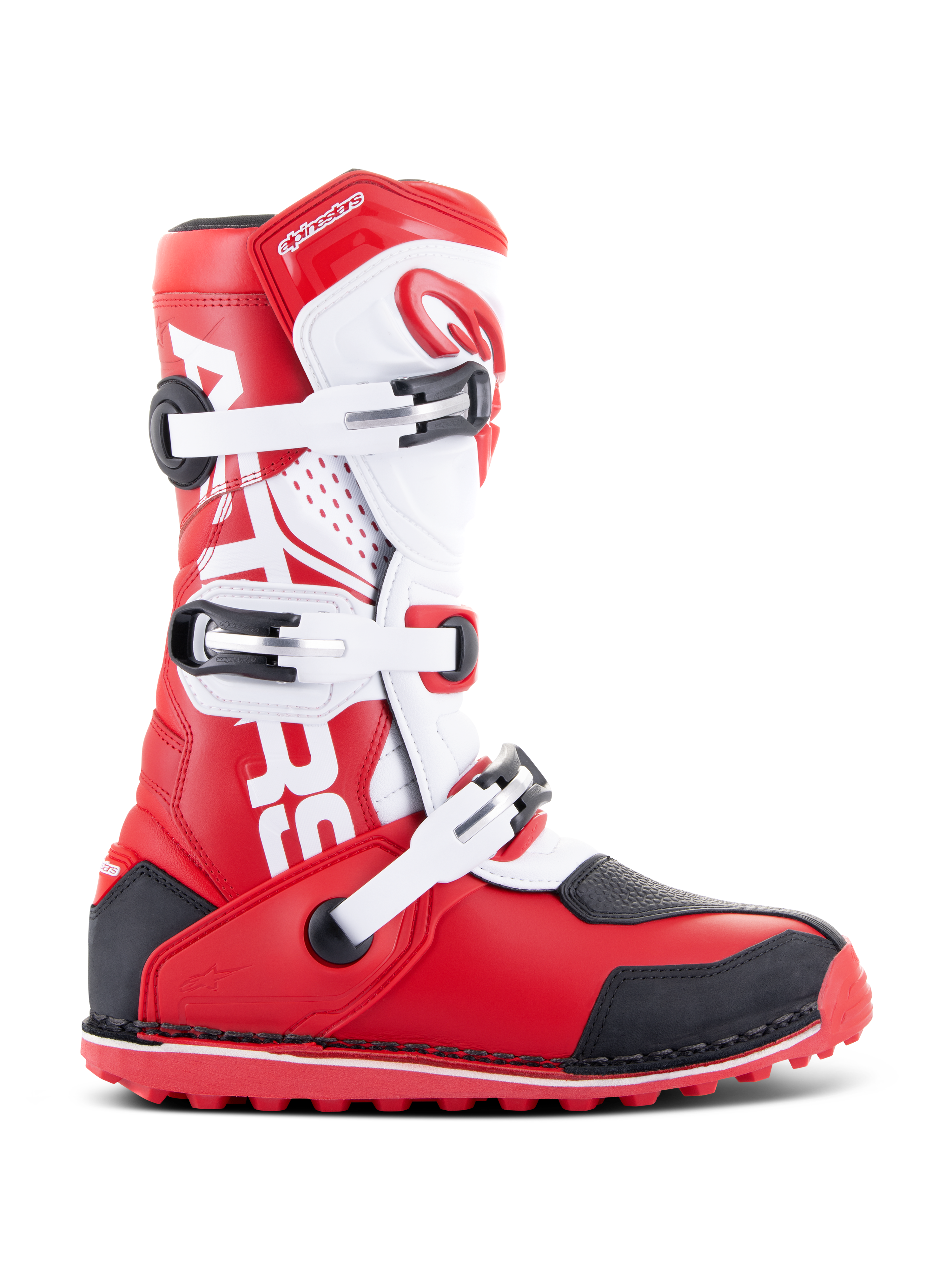Bottes Alpinestars Tech-T, bottes de trial moto, rouge vif, noir et blanc, dotées de trois boucles ajustables, d'un protège-tibia ergonomique et d'une semelle texturée rouge pour la performance en trial tout-terrain