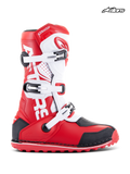 Bottes Alpinestars Tech-T, bottes de moto tout-terrain pour le trial, rouges, blanches et noires, en cuir et microfibre avec fermeture à trois boucles et protection ergonomique du tibia