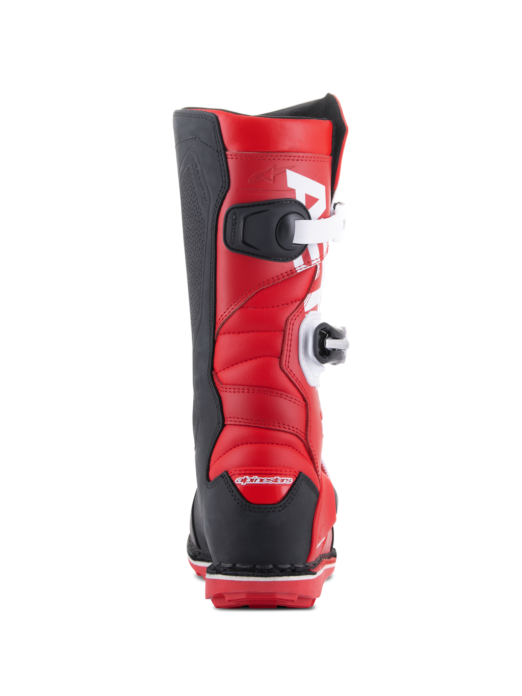 Bottes Alpinestars Tech-T, bottes de moto trial, rouge vif, noir et blanc, vue arrière montrant les boucles de fermeture blanches, le talon et les panneaux latéraux noirs, et la tige en cuir rouge rembourrée pour le trial tout-terrain