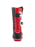Bottes Alpinestars Tech-T, bottes de moto trial, rouge vif, noir et blanc, vue arrière montrant les boucles de fermeture blanches, le talon et les panneaux latéraux noirs, et la tige en cuir rouge rembourrée pour le trial tout-terrain