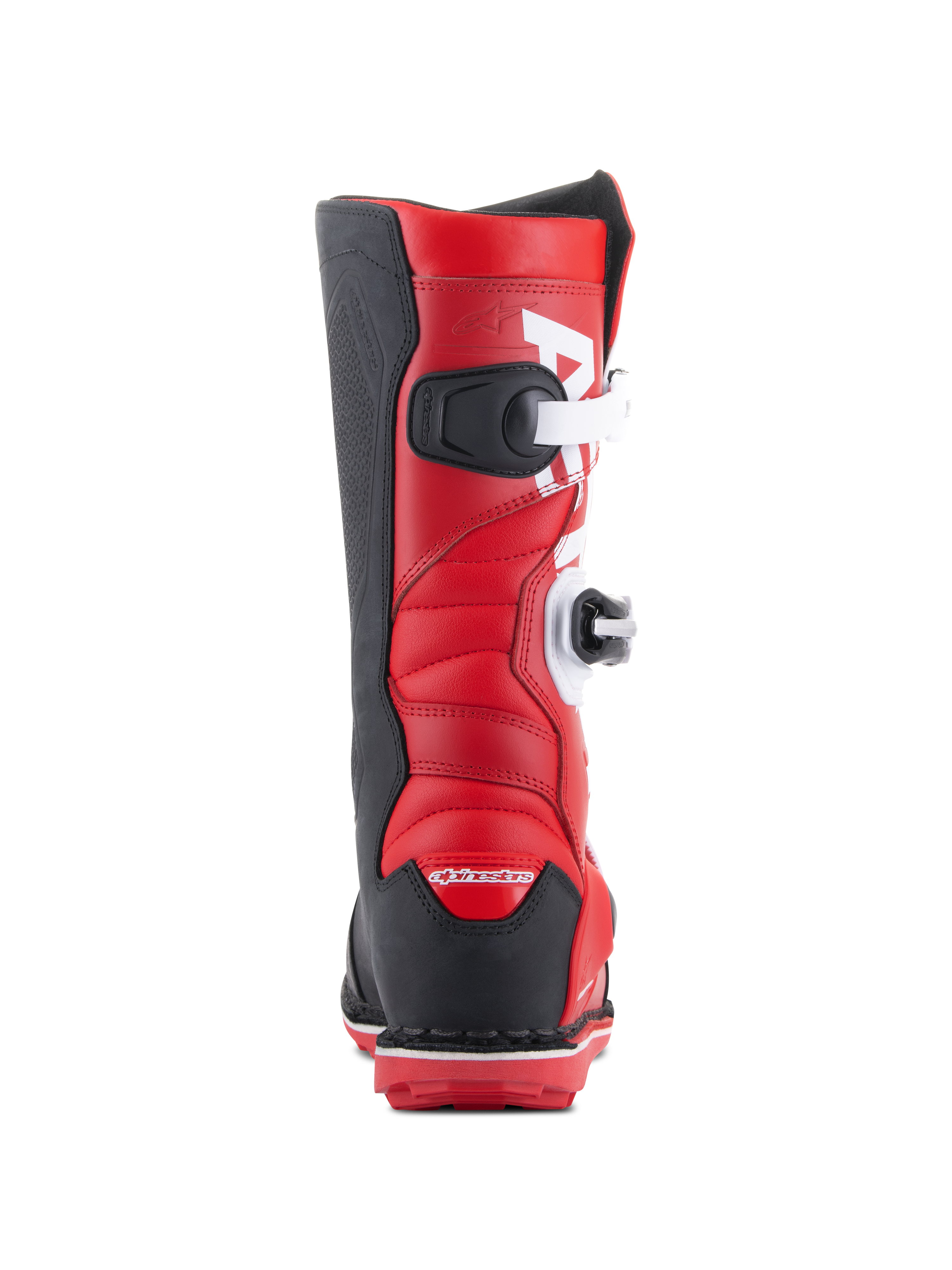 Bottes Alpinestars Tech-T, bottes de moto trial, rouge vif, noir et blanc, vue arrière montrant les boucles de fermeture blanches, le talon et les panneaux latéraux noirs, et la tige en cuir rouge rembourrée pour le trial tout-terrain