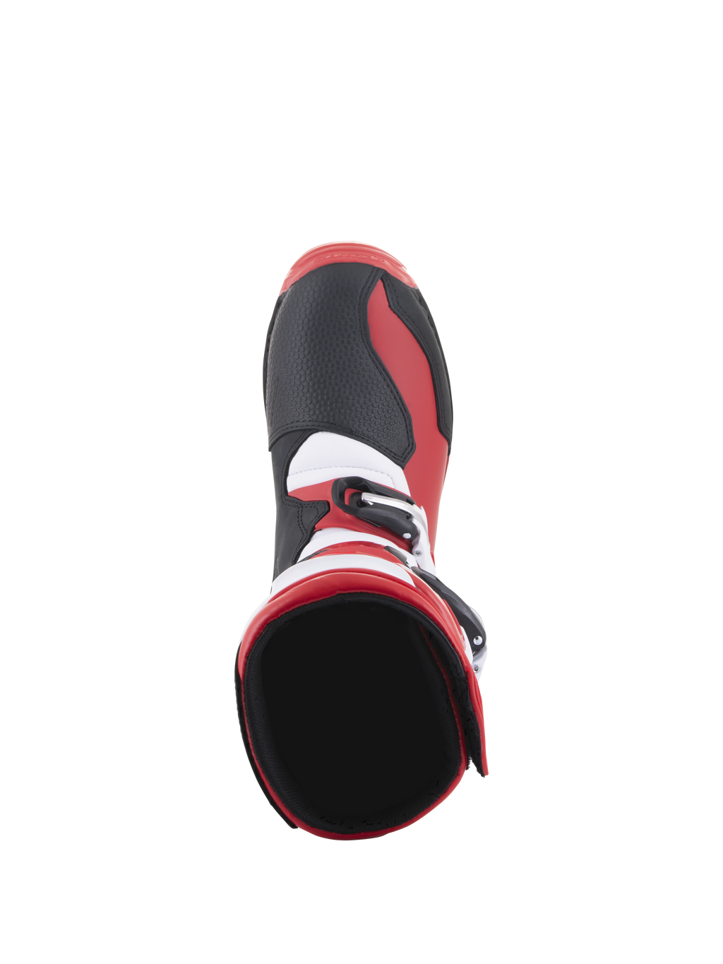 Bottes Alpinestars Tech-T, bottes de moto de trial, rouge vif, noir et blanc, vue de dessus montrant l'ouverture intérieure de la cheville et la zone des orteils, avec des panneaux texturés noirs, des accents latéraux rouges et des détails blancs, conçues pour la performance tout-terrain.