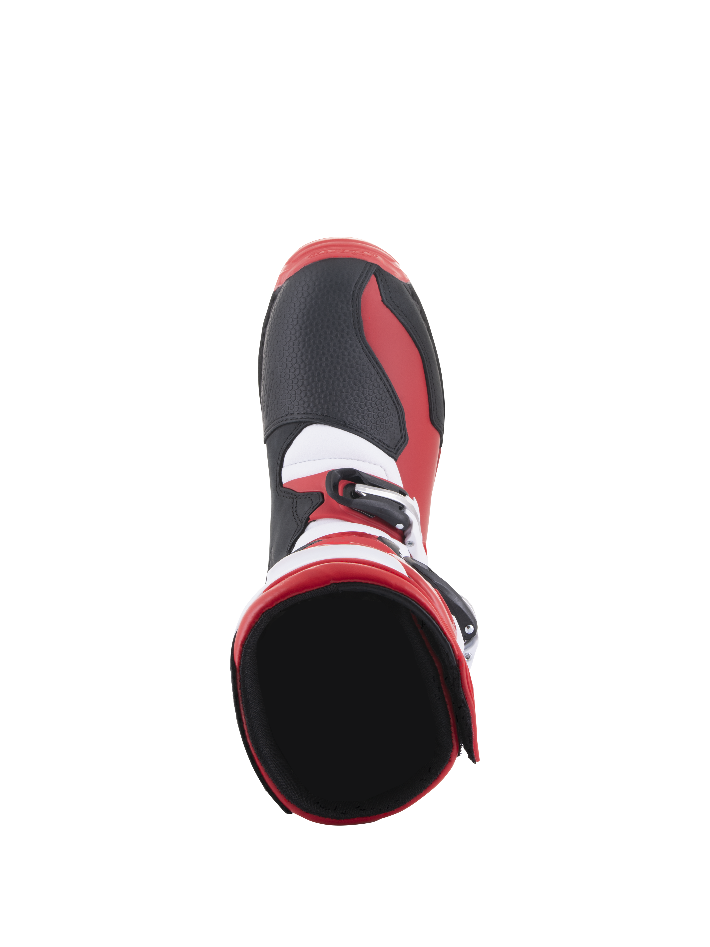 Bottes Alpinestars Tech-T, bottes de moto de trial, rouge vif, noir et blanc, vue de dessus montrant l'ouverture intérieure de la cheville et la zone des orteils, avec des panneaux texturés noirs, des accents latéraux rouges et des détails blancs, conçues pour la performance tout-terrain.