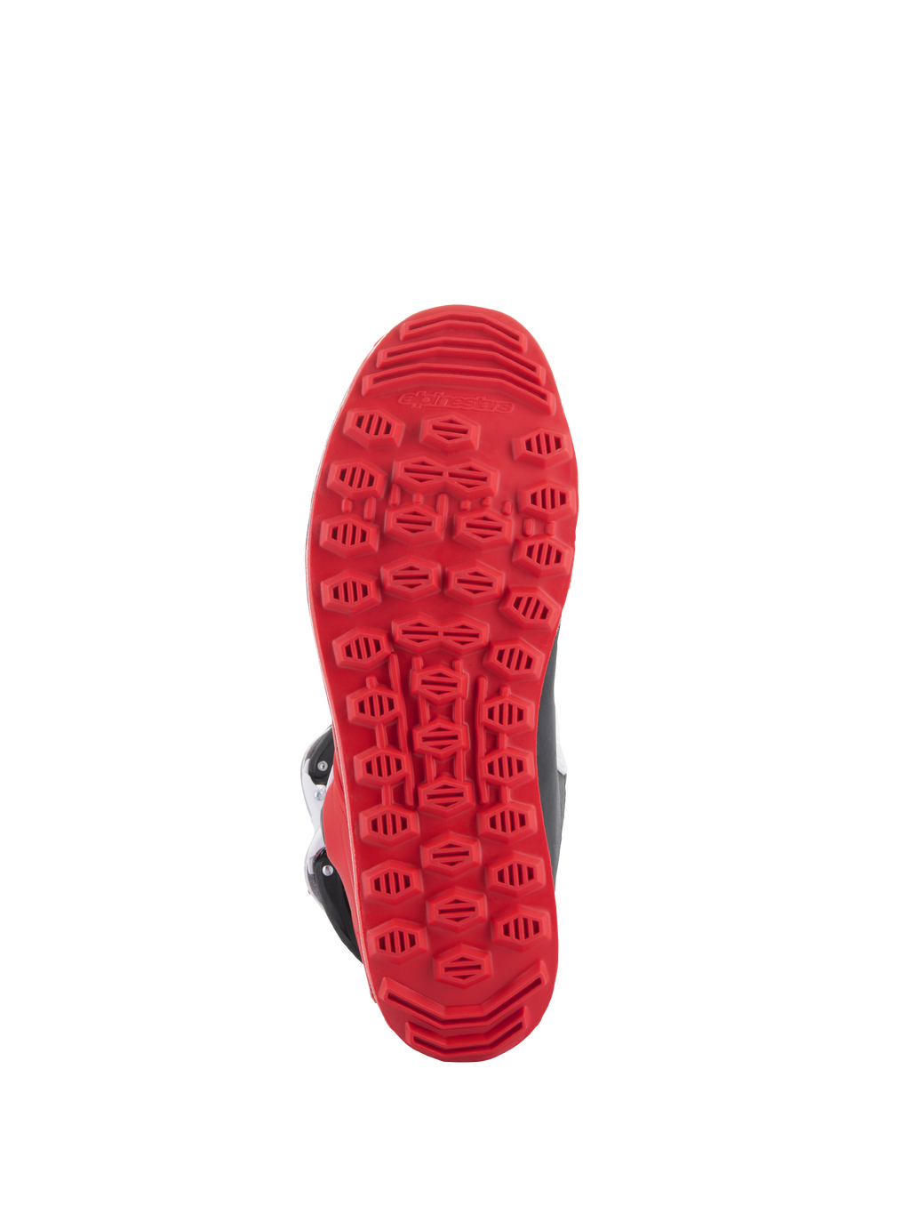 Bottes Alpinestars Tech-T, Rouge éclatant Noir Blanc, semelle exclusive en caoutchouc texturé rouge éclatant conçue pour l'adhérence en trial et la sensibilité aux repose-pieds