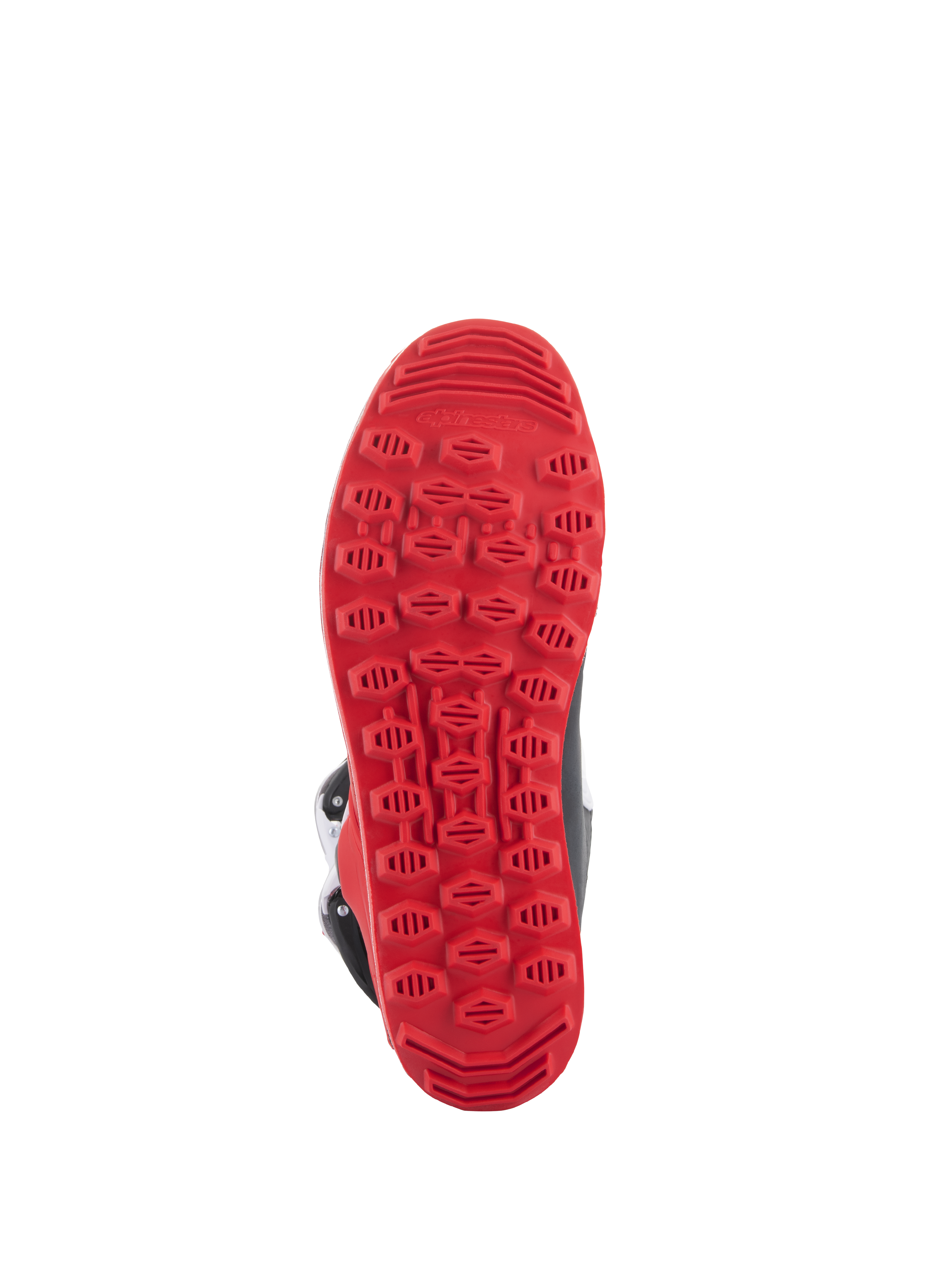 Bottes Alpinestars Tech-T, Rouge éclatant Noir Blanc, semelle exclusive en caoutchouc texturé rouge éclatant conçue pour l'adhérence en trial et la sensibilité aux repose-pieds