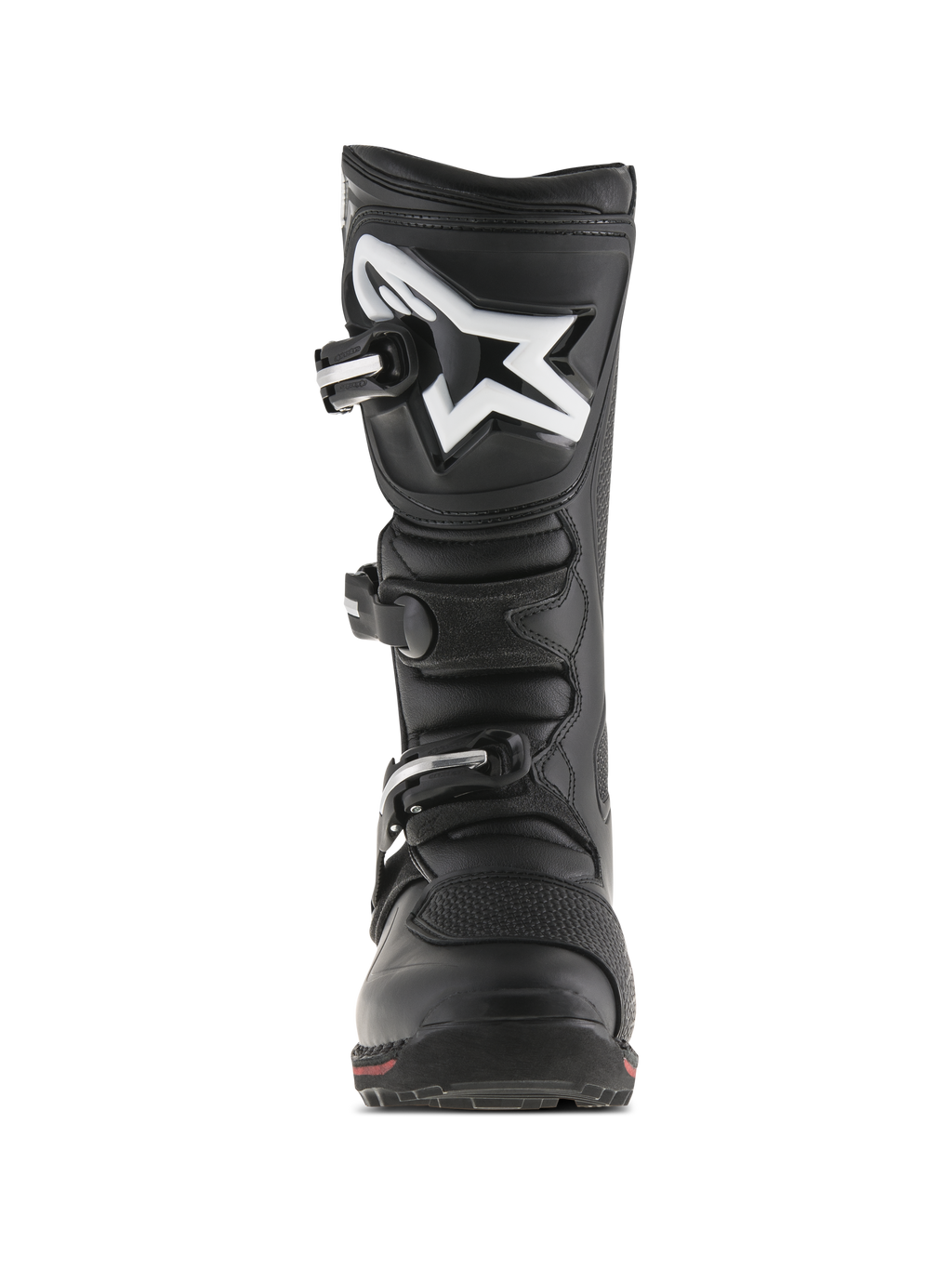 Bottes Alpinestars Tech-T, bottes de moto trial, noir et rouge, vue de face présentant une plaque tibiale ergonomique avec logo Astar blanc, système de fermeture à trois boucles et construction en cuir durable avec un accent rouge sur la semelle