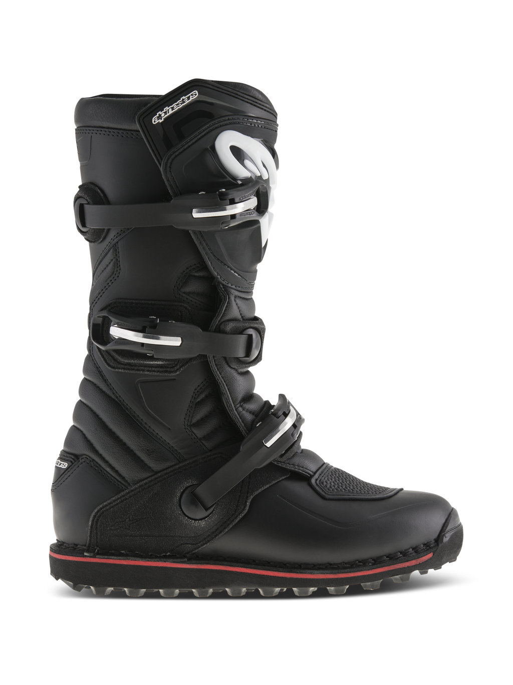 Bottes Alpinestars Tech-T, bottes de moto de trial et tout-terrain, noires avec accents rouges, vue de profil avec trois boucles réglables, logo blanc sur plaque tibiale ergonomique, empiècements en cuir texturé et semelle robuste à haute adhérence pour le contrôle de la moto