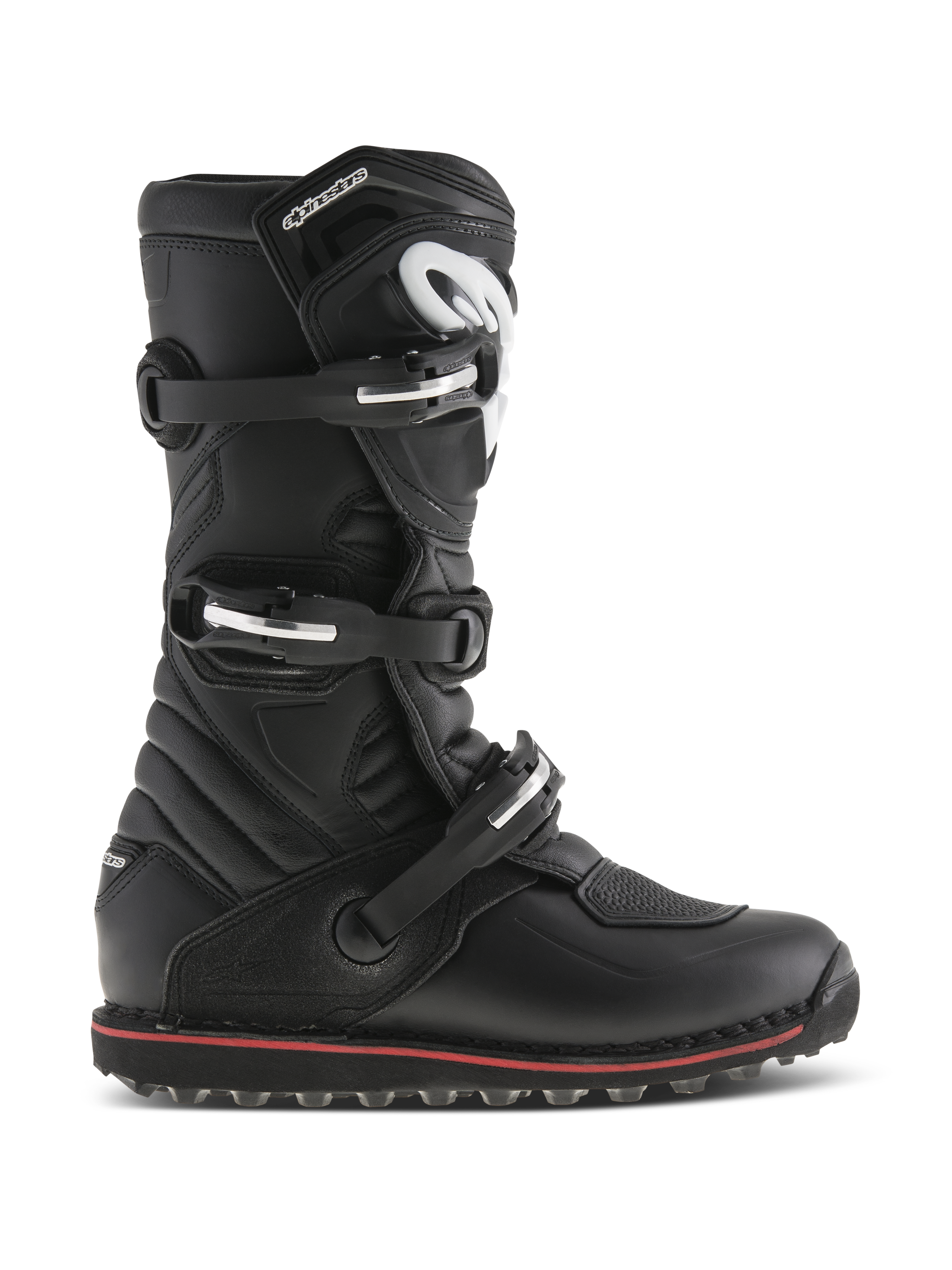 Bottes Alpinestars Tech-T, bottes de moto de trial et tout-terrain, noires avec accents rouges, vue de profil avec trois boucles réglables, logo blanc sur plaque tibiale ergonomique, empiècements en cuir texturé et semelle robuste à haute adhérence pour le contrôle de la moto