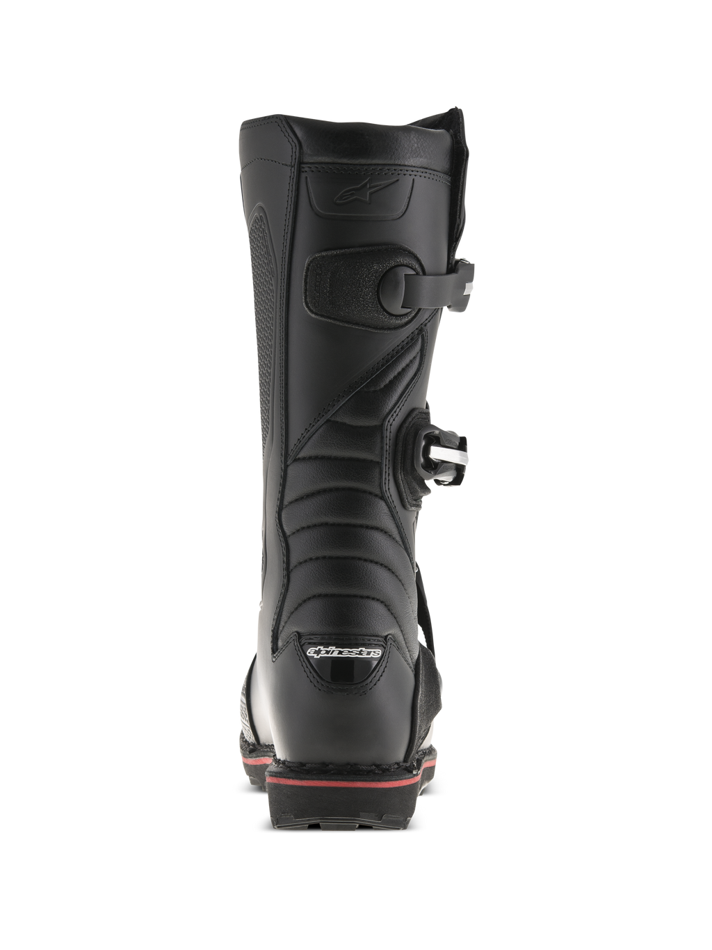 Bottes Alpinestars Tech-T, bottes de trial, noir et rouge, vue arrière montrant le logo Alpinestars sur le talon, sangles à boucles et ligne d'accent rouge le long de la semelle, conception technique de chaussures tout-terrain