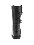 Bottes Alpinestars Tech-T, bottes de trial, noir et rouge, vue arrière montrant le logo Alpinestars sur le talon, sangles à boucles et ligne d'accent rouge le long de la semelle, conception technique de chaussures tout-terrain
