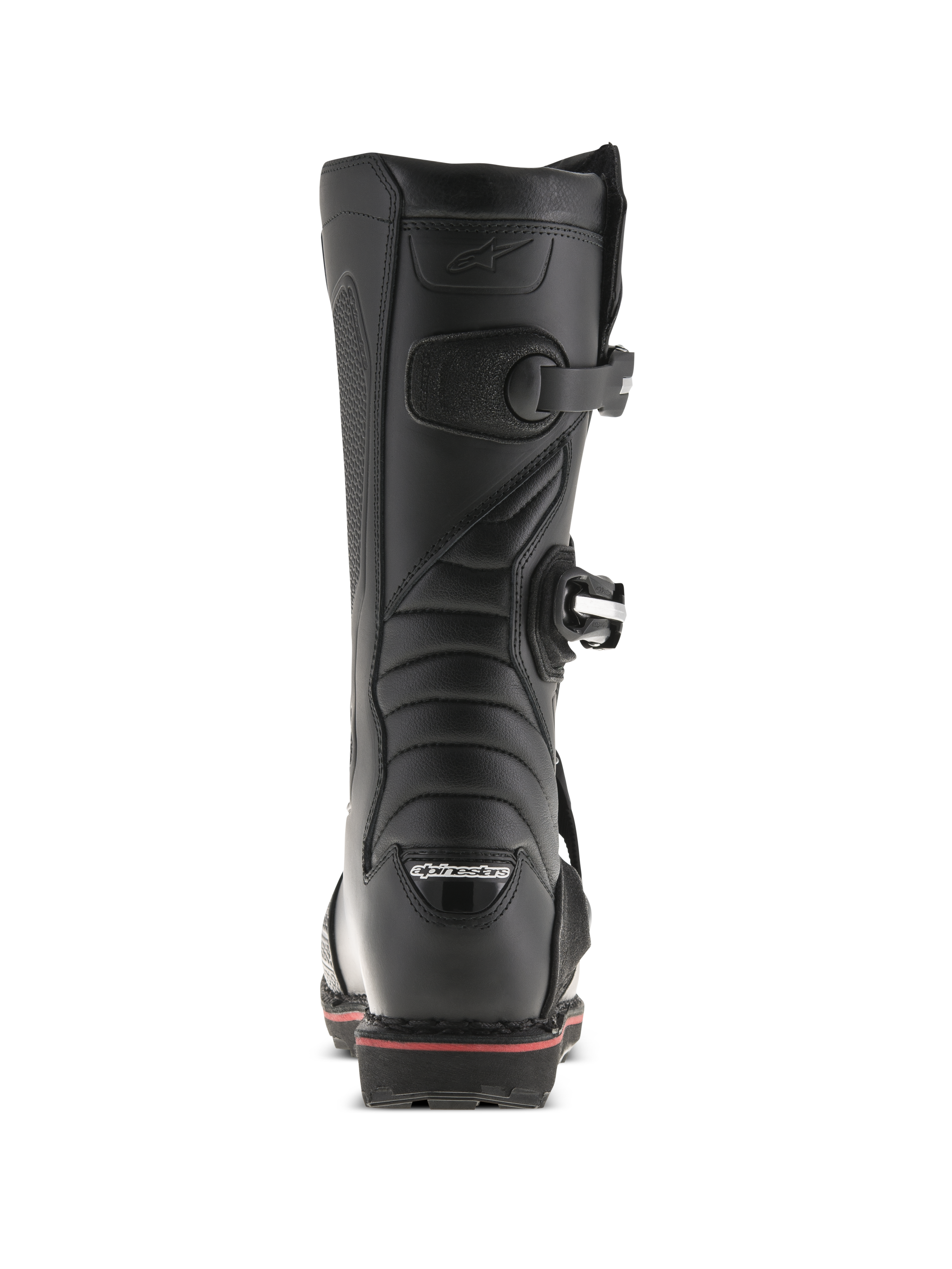 Bottes Alpinestars Tech-T, bottes de trial, noir et rouge, vue arrière montrant le logo Alpinestars sur le talon, sangles à boucles et ligne d'accent rouge le long de la semelle, conception technique de chaussures tout-terrain
