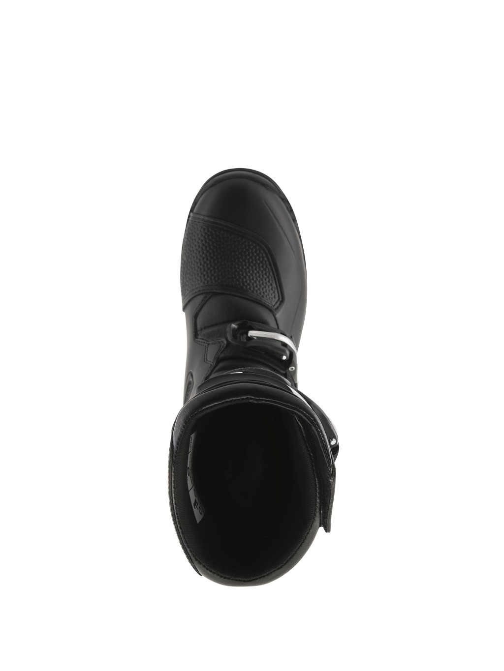 Bottes Alpinestars Tech-T, bottes de moto de trial, noires, vue de dessus montrant l'ouverture intérieure, renfort de sélecteur texturé sur le bout du pied et fermeture à boucles