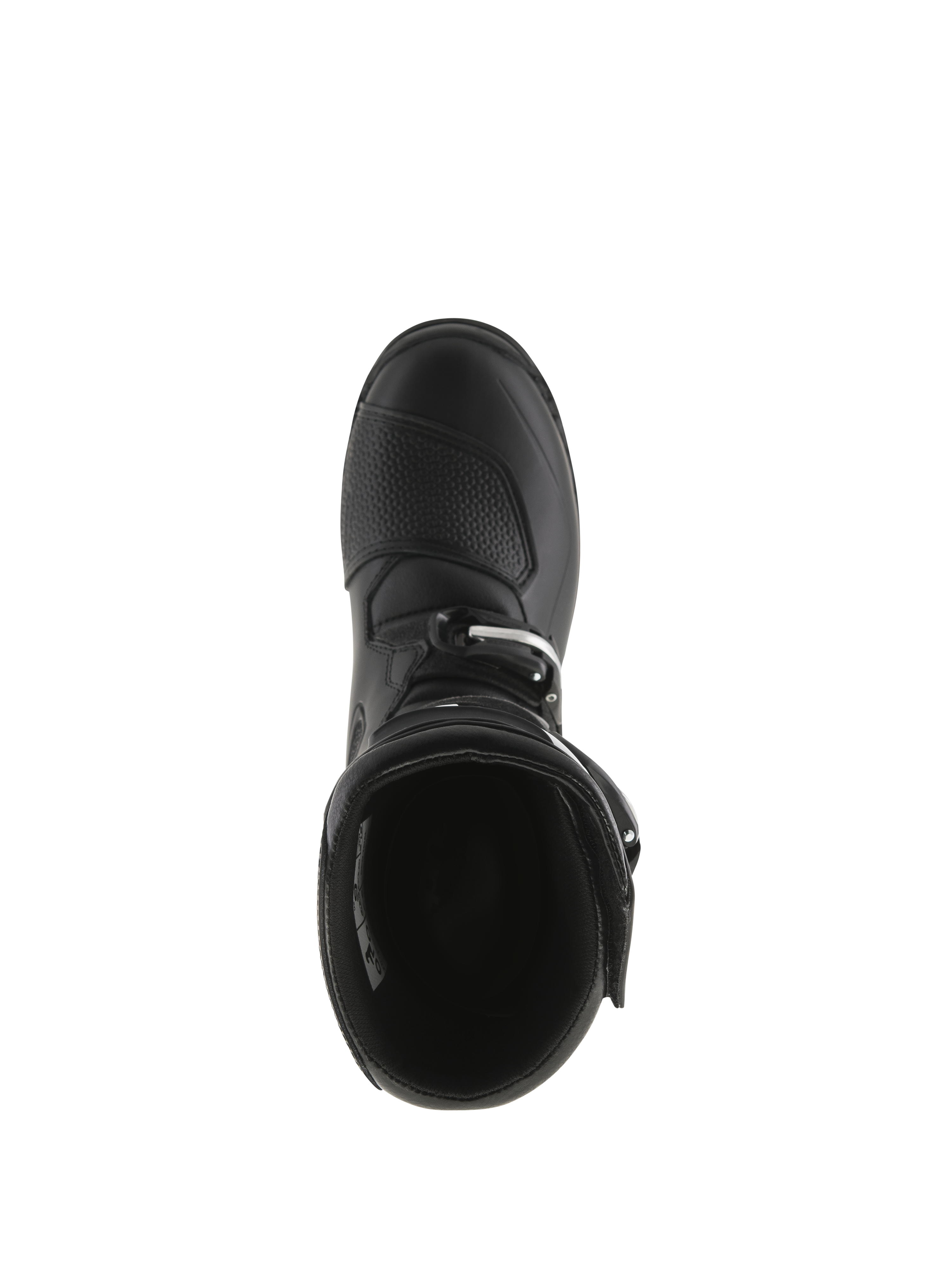Bottes Alpinestars Tech-T, bottes de moto de trial, noires, vue de dessus montrant l'ouverture intérieure, renfort de sélecteur texturé sur le bout du pied et fermeture à boucles