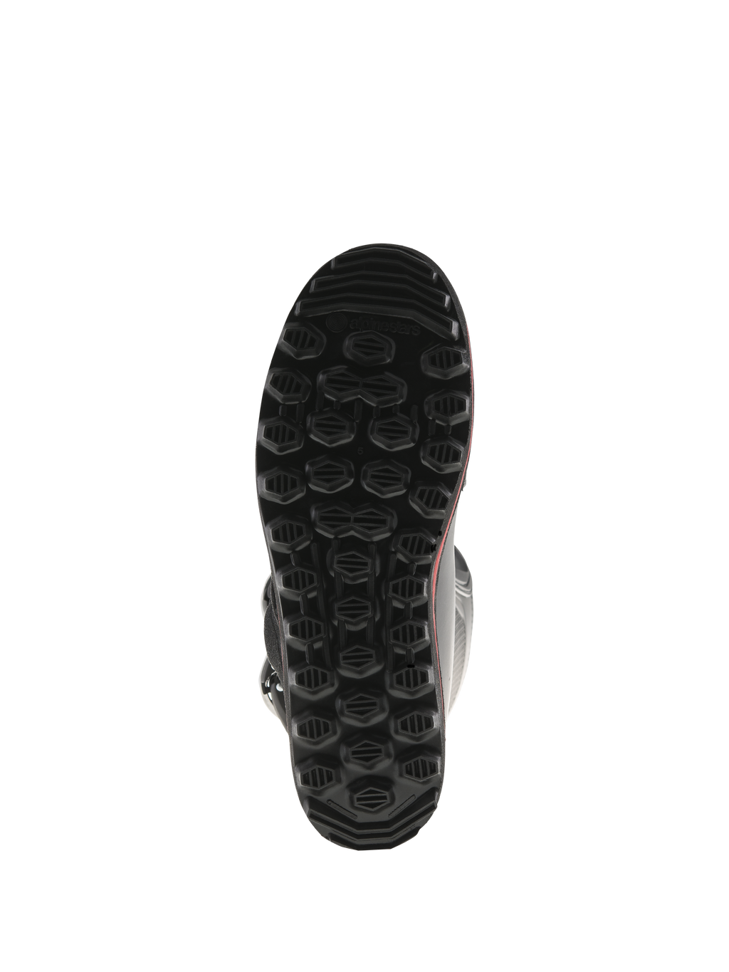 Bottes Alpinestars Tech-T, vue de dessous de la semelle, noir avec accents rouges, dotées d'un motif de crampons hexagonaux texturés, semelle de trial exclusive conçue pour une adhérence et une sensibilité maximales sur les repose-pieds