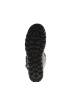 Bottes Alpinestars Tech-T, vue de dessous de la semelle, noir avec accents rouges, dotées d'un motif de crampons hexagonaux texturés, semelle de trial exclusive conçue pour une adhérence et une sensibilité maximales sur les repose-pieds