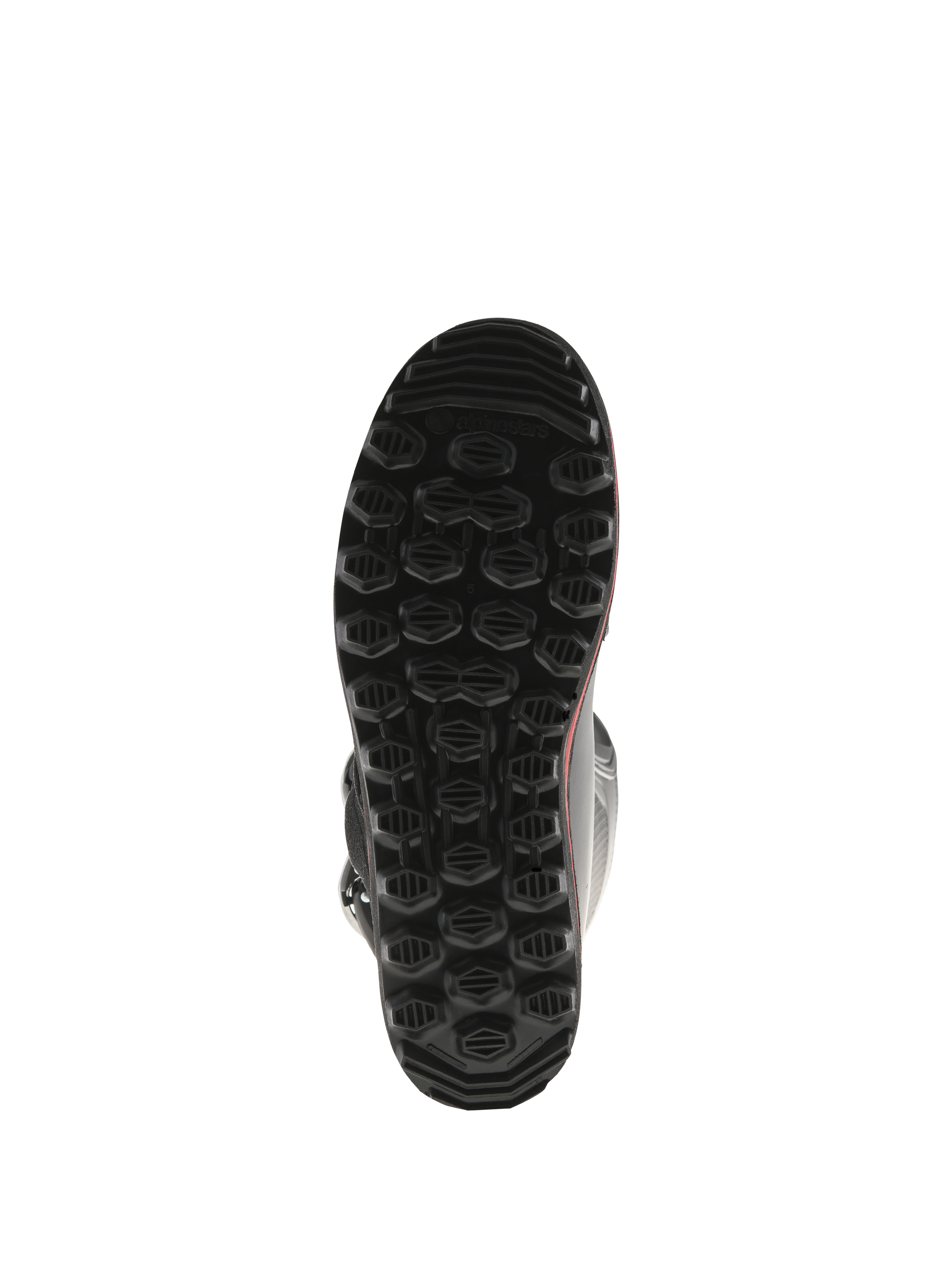 Bottes Alpinestars Tech-T, vue de dessous de la semelle, noir avec accents rouges, dotées d'un motif de crampons hexagonaux texturés, semelle de trial exclusive conçue pour une adhérence et une sensibilité maximales sur les repose-pieds