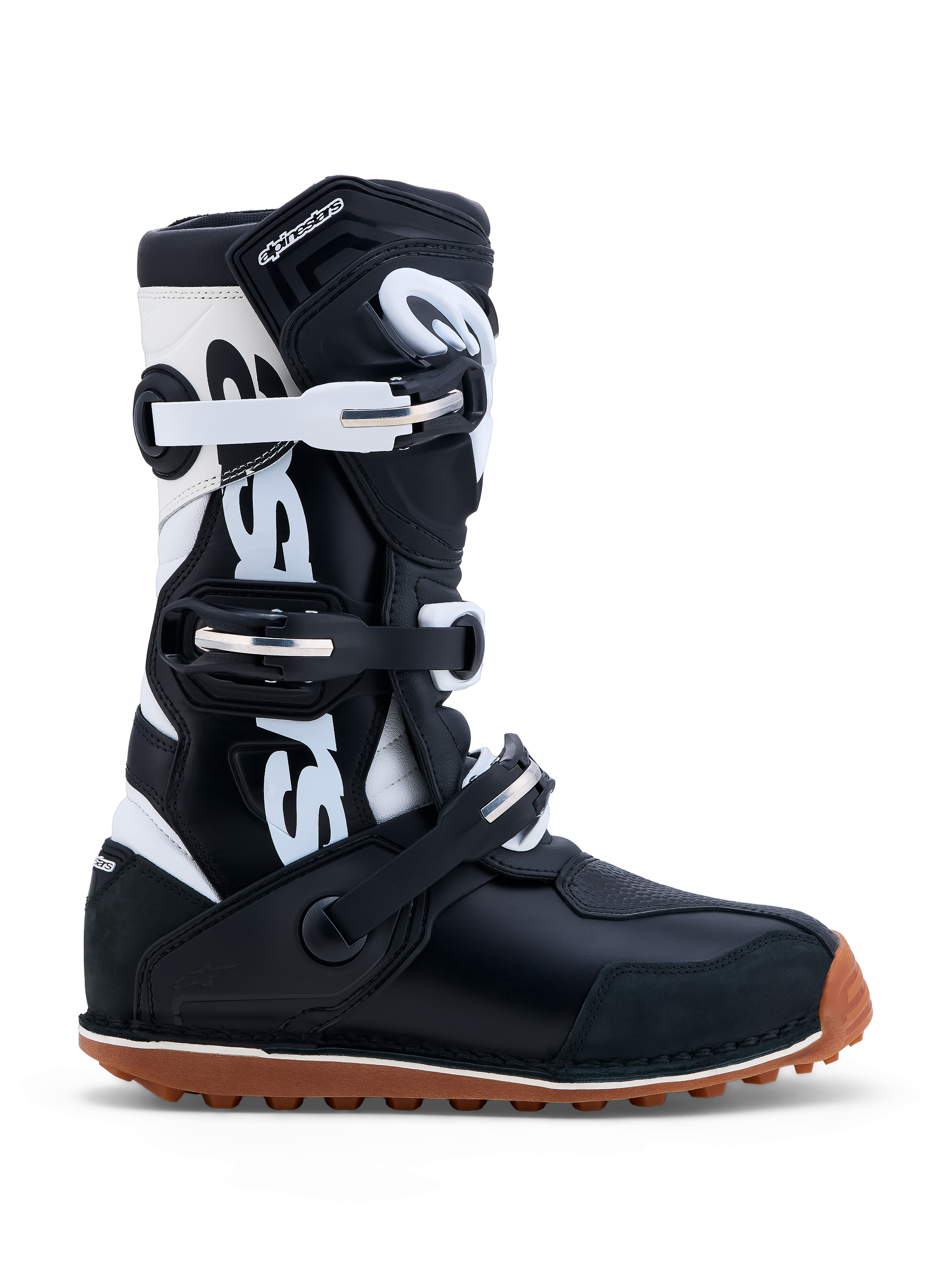 Bottes Alpinestars Tech-T, bottes de moto trial pour homme, noires et blanches, certifiées CE, construction en cuir et semelle en gomme à haute adhérence