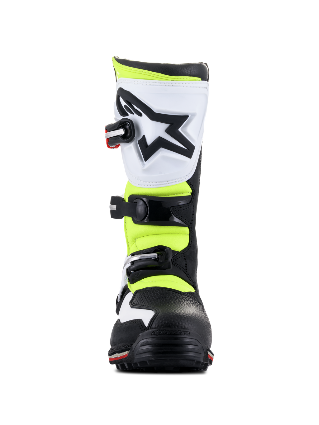 Bottes Alpinestars Tech-T, chaussures de trial, blanc, rouge, jaune fluorescent et noir, vue de face, dotées d'une plaque tibiale ergonomique blanche avec logo étoile noir, de boucles réglables et d'empiècements jaune haute visibilité.