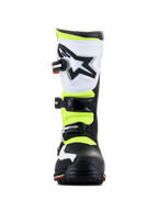 Bottes Alpinestars Tech-T, chaussures de trial, blanc, rouge, jaune fluorescent et noir, vue de face, dotées d'une plaque tibiale ergonomique blanche avec logo étoile noir, de boucles réglables et d'empiècements jaune haute visibilité.