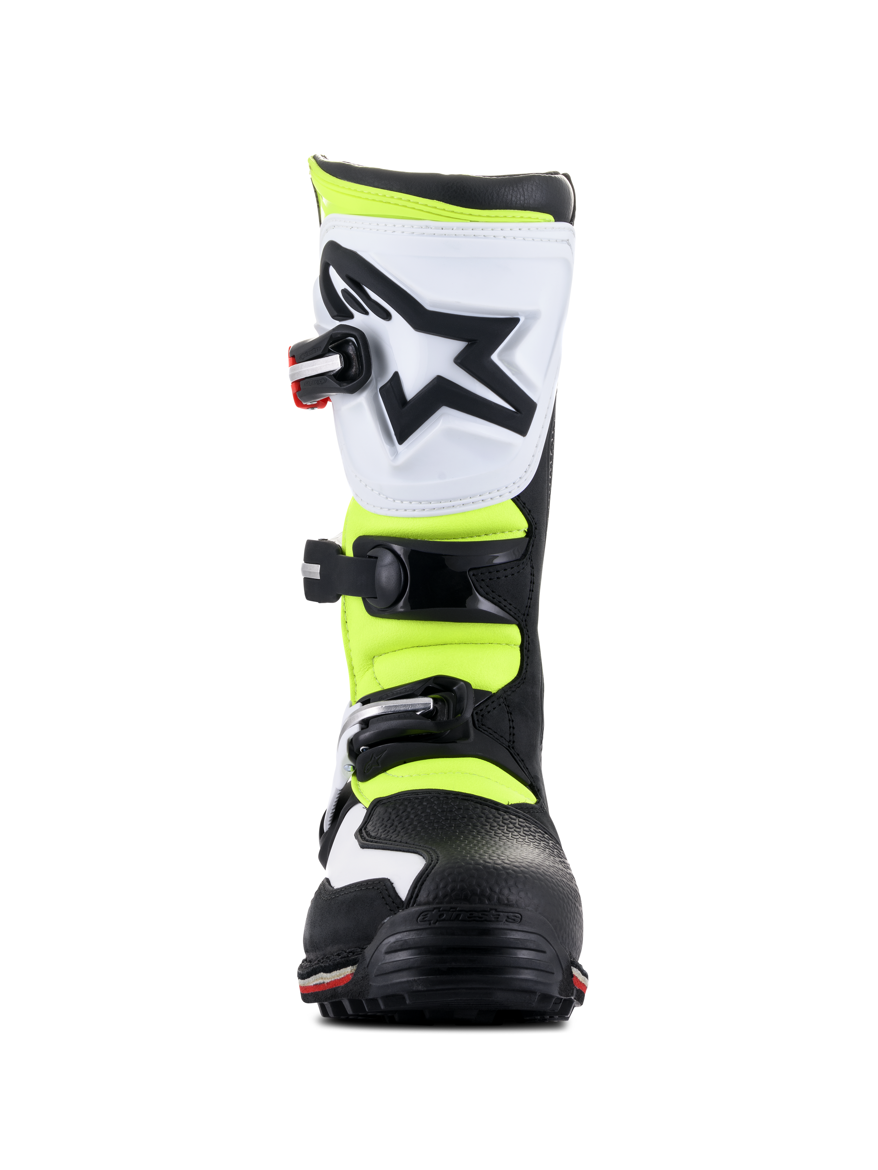 Bottes Alpinestars Tech-T, chaussures de trial, blanc, rouge, jaune fluorescent et noir, vue de face, dotées d'une plaque tibiale ergonomique blanche avec logo étoile noir, de boucles réglables et d'empiècements jaune haute visibilité.