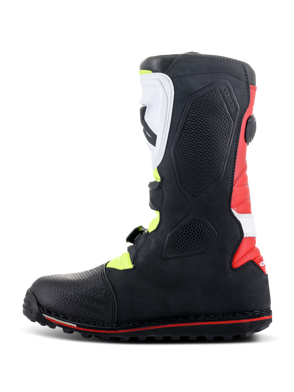 Bottes Alpinestars Tech-T, bottes de moto de trial, blanc, rouge, jaune fluo et noir, vue de profil montrant la plaque tibiale ergonomique blanche et le système de boucles, panneau de talon rouge et semelle spécialisée pour le trial avec ligne d'accent rouge.