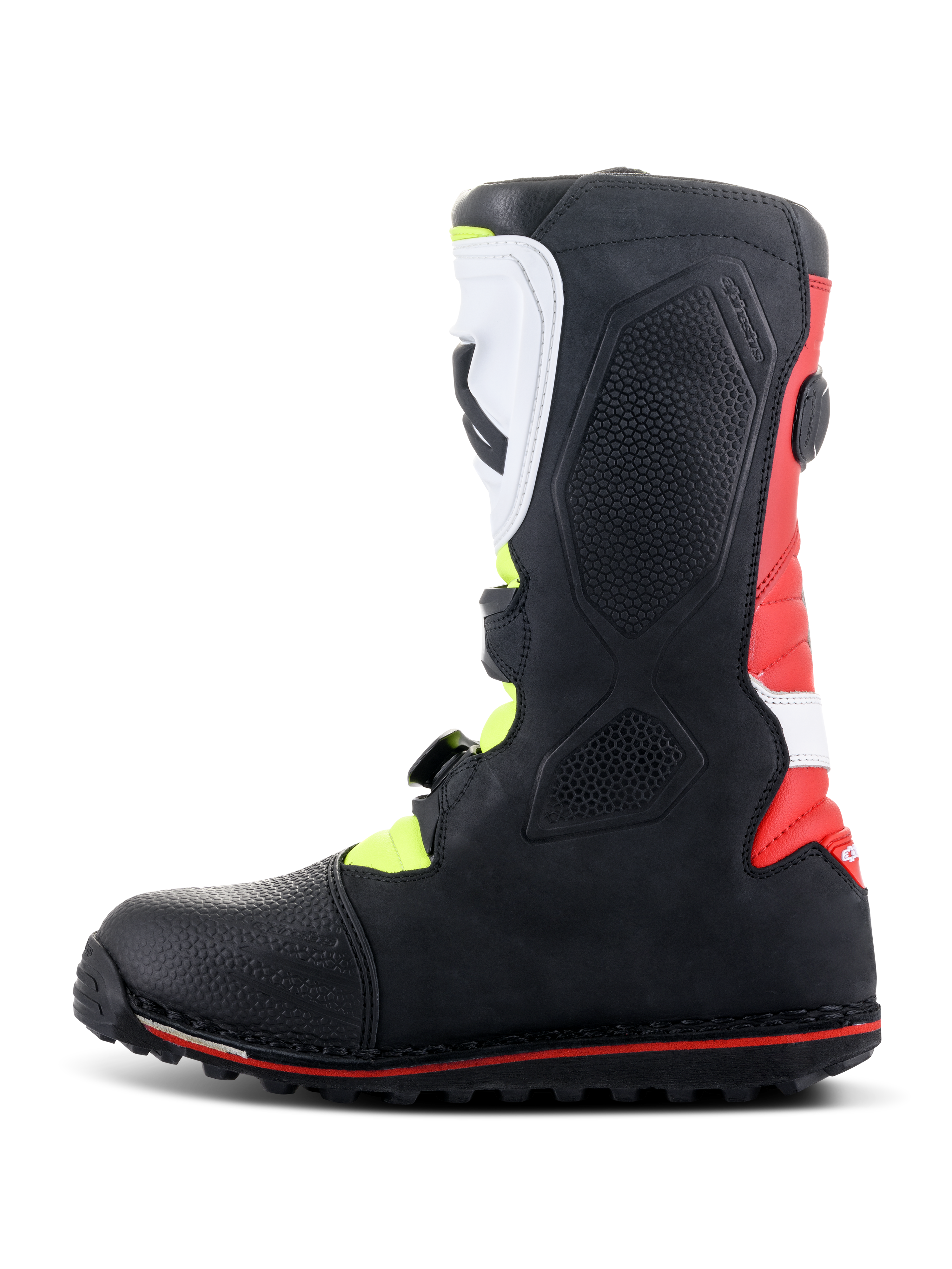 Bottes Alpinestars Tech-T, bottes de moto de trial, blanc, rouge, jaune fluo et noir, vue de profil montrant la plaque tibiale ergonomique blanche et le système de boucles, panneau de talon rouge et semelle spécialisée pour le trial avec ligne d'accent rouge.