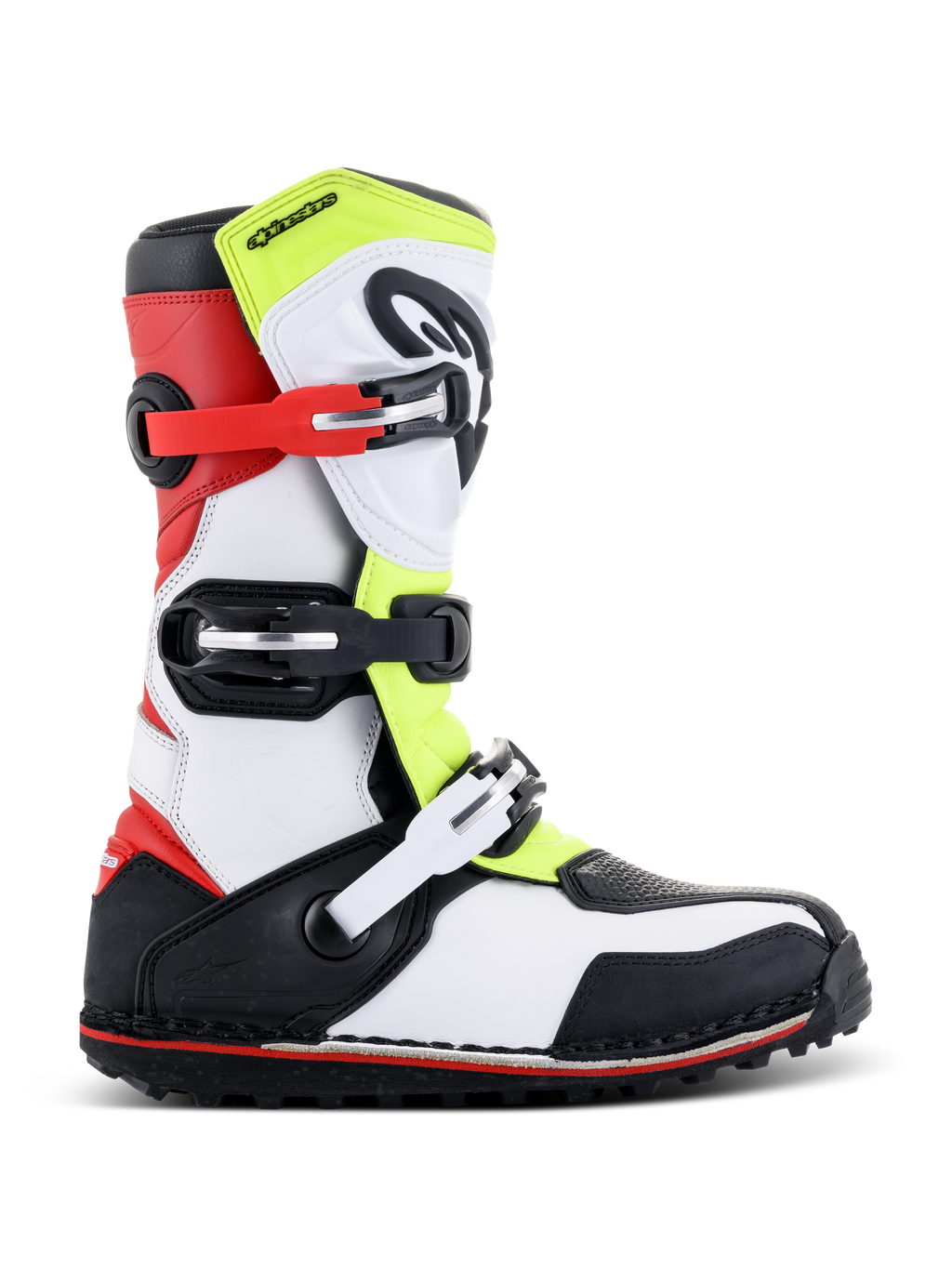 Bottes Alpinestars Tech-T, bottes de moto trial, blanc, rouge, jaune fluorescent et noir, avec trois sangles à boucles réglables, plaque tibiale ergonomique, semelle noire robuste avec accent rouge, conçues pour le trial tout-terrain