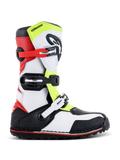 Bottes Alpinestars Tech-T, bottes de moto trial, blanc, rouge, jaune fluorescent et noir, avec trois sangles à boucles réglables, plaque tibiale ergonomique, semelle noire robuste avec accent rouge, conçues pour le trial tout-terrain