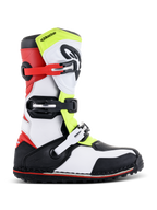 Bottes Alpinestars Tech-T, bottes de moto trial, blanc, rouge, jaune fluorescent et noir, avec trois sangles à boucles réglables, plaque tibiale ergonomique, semelle noire robuste avec accent rouge, conçues pour le trial tout-terrain